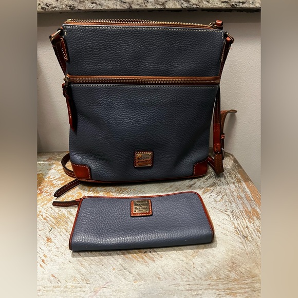 Dooney & Bourke Handbags - Dooney & Bourke Pebbled Leather Blue and Chestnut Crossbody and Wallet Set